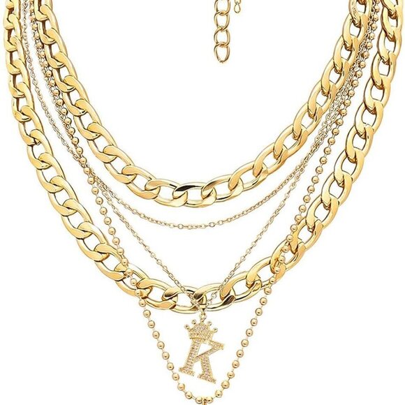 Gold Layered Necklaces for Women Trendy Retro Coin Crown Letter Pendant Necklace - Picture 1 of 9